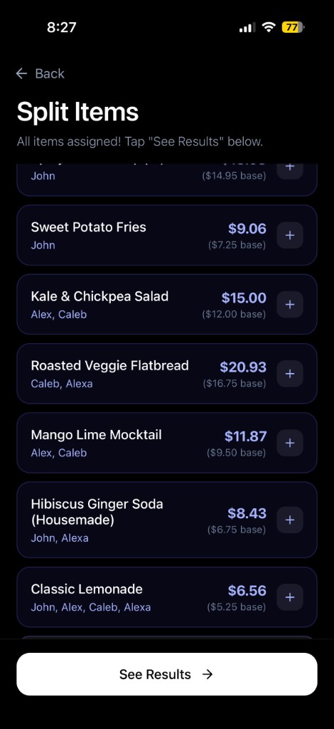 Split Items screen showing assignments and per-item split totals.