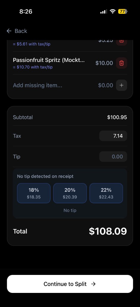 Receipt totals with subtotal, tax, tip presets, and total amount.